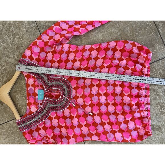 Taj by Sabrina Crippa Beaded Abstract Pink Silk Blouse Top Medium NWOT - Picture 10 of 12